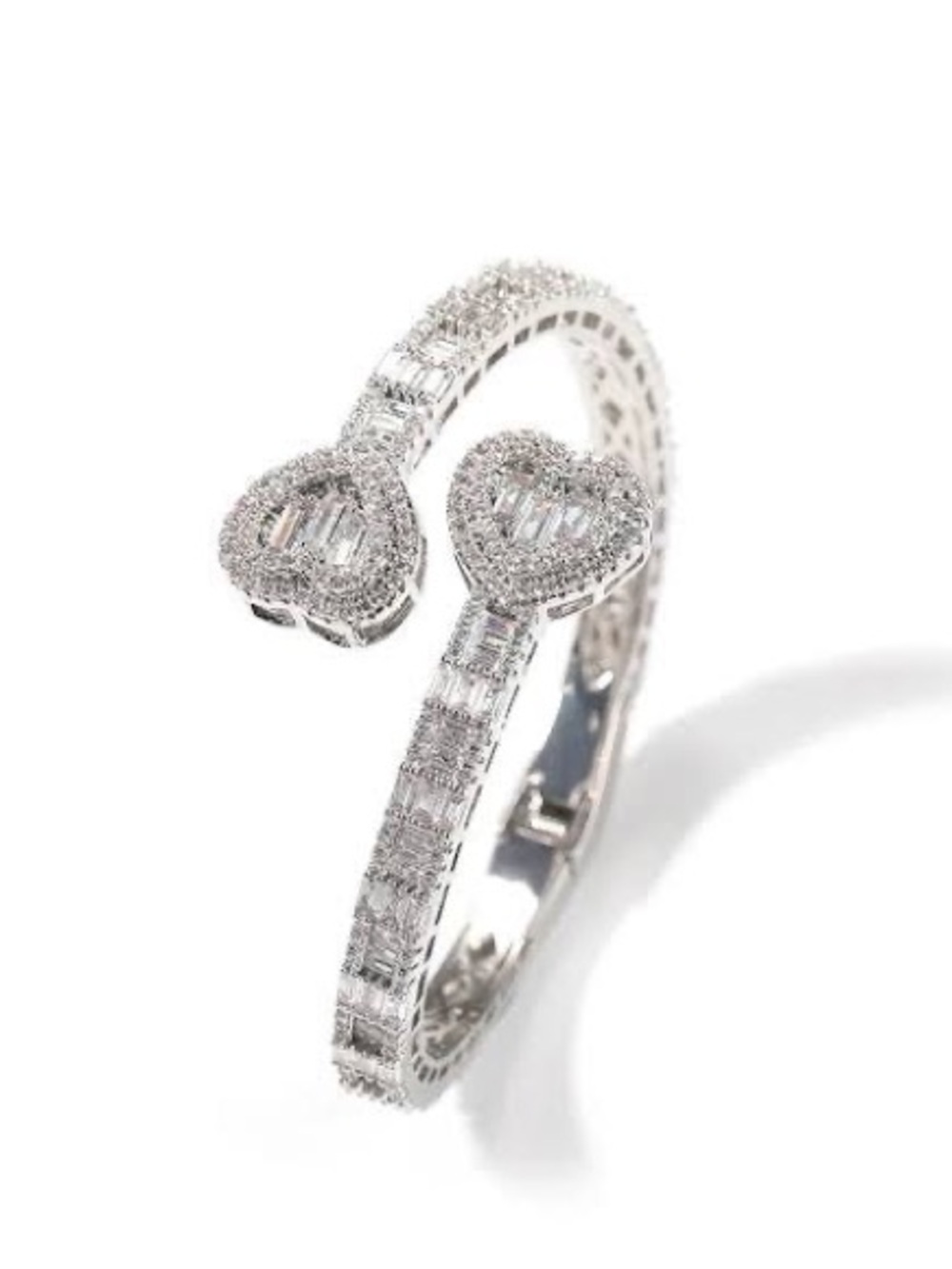 Silver Heart Open Cuff Bracelet with Clear Crystals